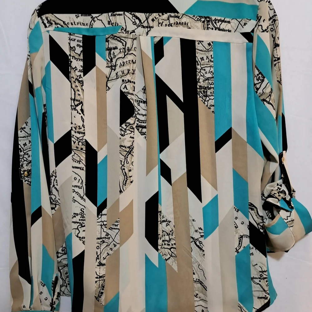 Alfani Womens Geometric Print Blouse Turquoise Black Tan Split Neck Top Sz 10 - Picture 4 of 7